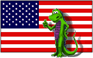 cartoon reptile standing in front of an American flag, looking stupidly naive as it gives an approving thumbs up sign