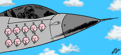 Illustration of a modern jet fighter pilot, with decals of babies’ heads on the side of his jet, showing how many proud kills of helpless children the great American war hero has.