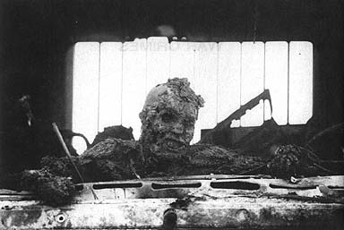 Photo of a dead human burned completely black; he is frozen in place in an upright position as he leans on the edge of some metallic surface of a vehicle, perhaps the door or hood. His face is melted and his lips are burned away so that his teeth are revealed in a hideous grimace; the skin is peeling off his charred skull, his hands and arms are burned and melted to the bone.