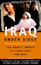 bookcover has a photograph of an Iraqi woman talking as she holds a tiny sleeping baby in a pink blanket; an older woman dressed in black is standing in the background, looking sadly toward the viewer.