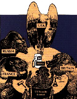 Editorial cartoon showing a group of predatory beasts sitting around a circular table. In the center of the table is a gasoline pump labeled 'Libya'.  A vulture labeled 'USA' sits atop a human skull; a snarling bear is labeled 'Russia'; a snarling tiger is labeled 'France'; a sharp-toothed alligator is labeled 'Britain'.  All these beasts are snarling at and intimidating a baboon who sits at the table in a chair labeled 'UN Security Council'.  The baboon has a gavel and a bell and is supposed to be an authority but it has its hands up in the air in a gesture of frightened surrender.