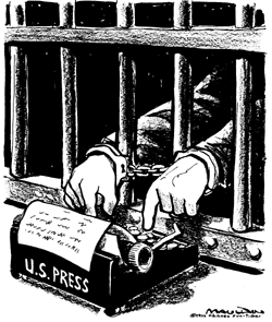 drawing, by famed cartoonist Bill Mauldin, of two handcuffed hands reaching through the bars of a jail cell to type on a typewriter. On the back of the typewriter are the words - 'U.S. Press' 