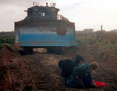 Two people are bending over Rachel's body in the dirt, and all you can see of her is a little patch of bright red jacket. The massive bulldozer is backing away down the wide gash it has gouged into the soft brown dirt. The tank tracks of the bulldozer are visible in the dirt on either side of Rachel and her friends.