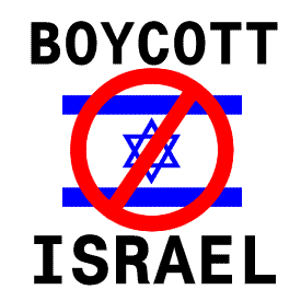 graphic showing an israeli flag covered by a red circle and slash, and the words 'Boycott Israel'