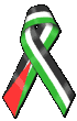ribbon in the design of the Palestinian flag, with the black, white and green stripes and red triangle.