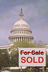 a 'For Sale' sign in front of the U.S. Capitol building - the 'For Sale' is crossed out and the word 'SOLD' is written underneath in big red letters.