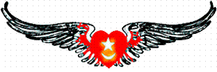 a red heart with white wings; in the heart is a five-pointed star above a crescent moon which is like a cup.