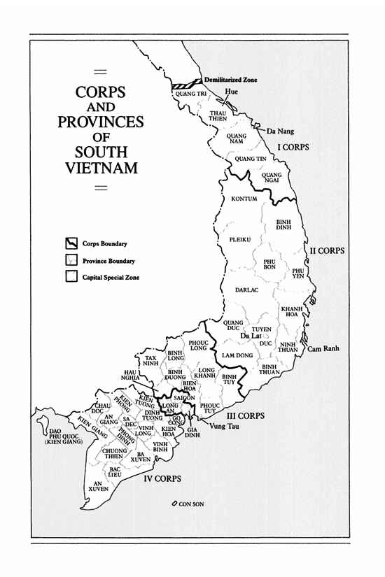 map of South Vietnam showing all the provinces and the four 'corps' the nation was divided into by the American invaders.