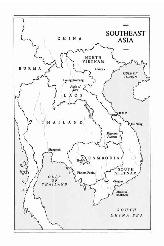 map of Southeast Asia showing North and South Vietnam, Laos, Cambodia and Thailand.