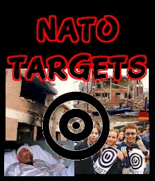 bookcover has four photos - two show bombed civilian buildings; one shows a middle-aged man in a hospital bed with bandages on his head and face; the other of a demonstration in Yugoslavia against NATO, where three young women in the foreground are smiling at the viewer, holding up signs with the target symbol. In the center of the cover is a big target symbol over all the photos.